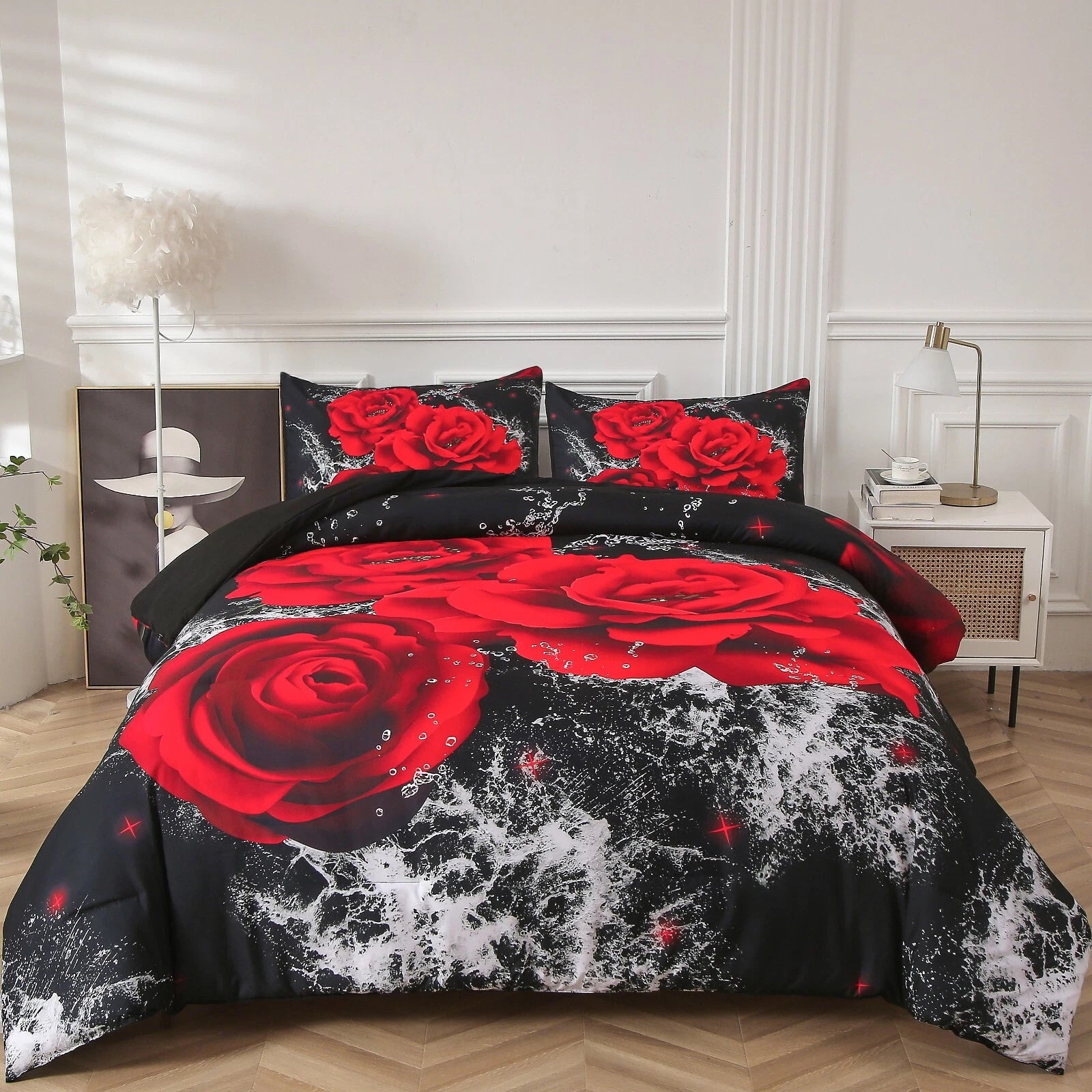 Chill Haven Red Rose 3-Piece Comforter Bundle - Relax & Recharge Style