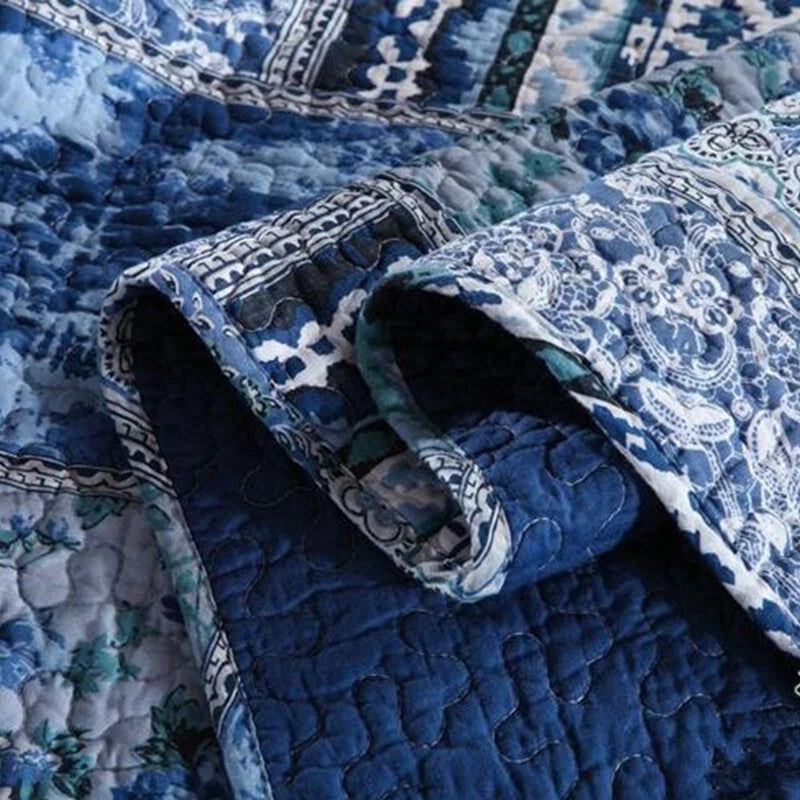Boho Blue Quilted Coverlet & Pillow Set: Vibrant, Cozy Elegance -