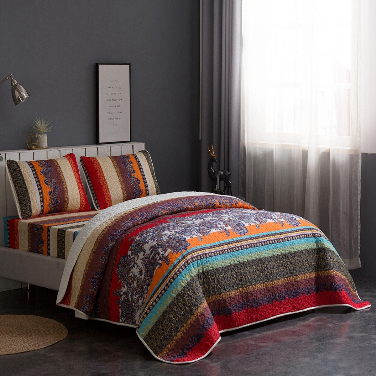 Rusty Boho floral Chic 3 Pc Bedspread & Pillow Cover Set