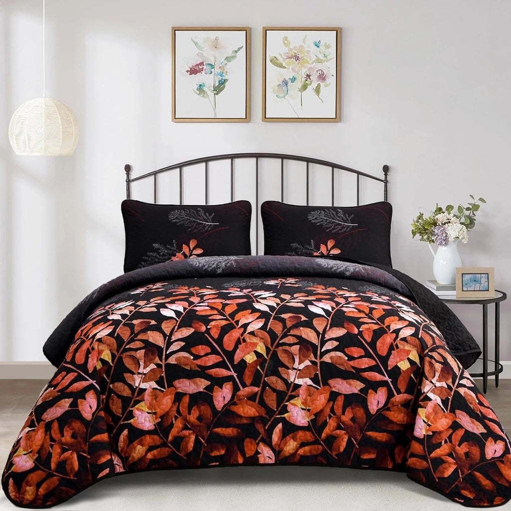 Black and Red Leaves Quilted Bedspread & Pillowcase Set