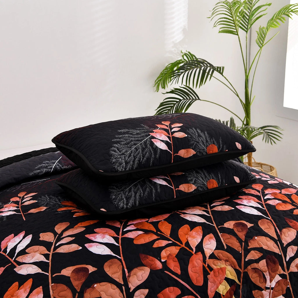Black and Red Leaves Quilted Bedspread & Pillowcase Set