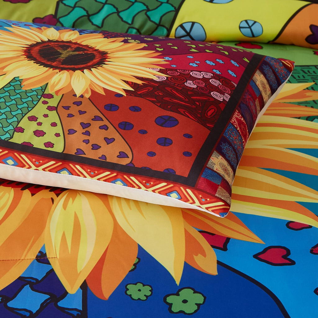 Floral Sunflower Comforter Set, Quilted Bedding with Pillowcases