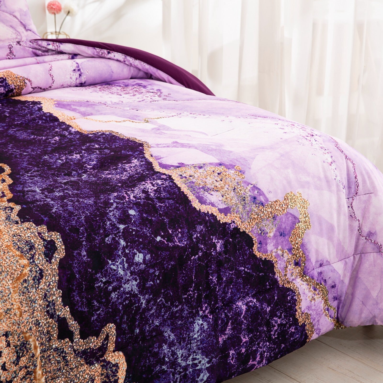Purple Marble Comforter Set, /, Retro Watercolor 3-Piece Bedding Collection