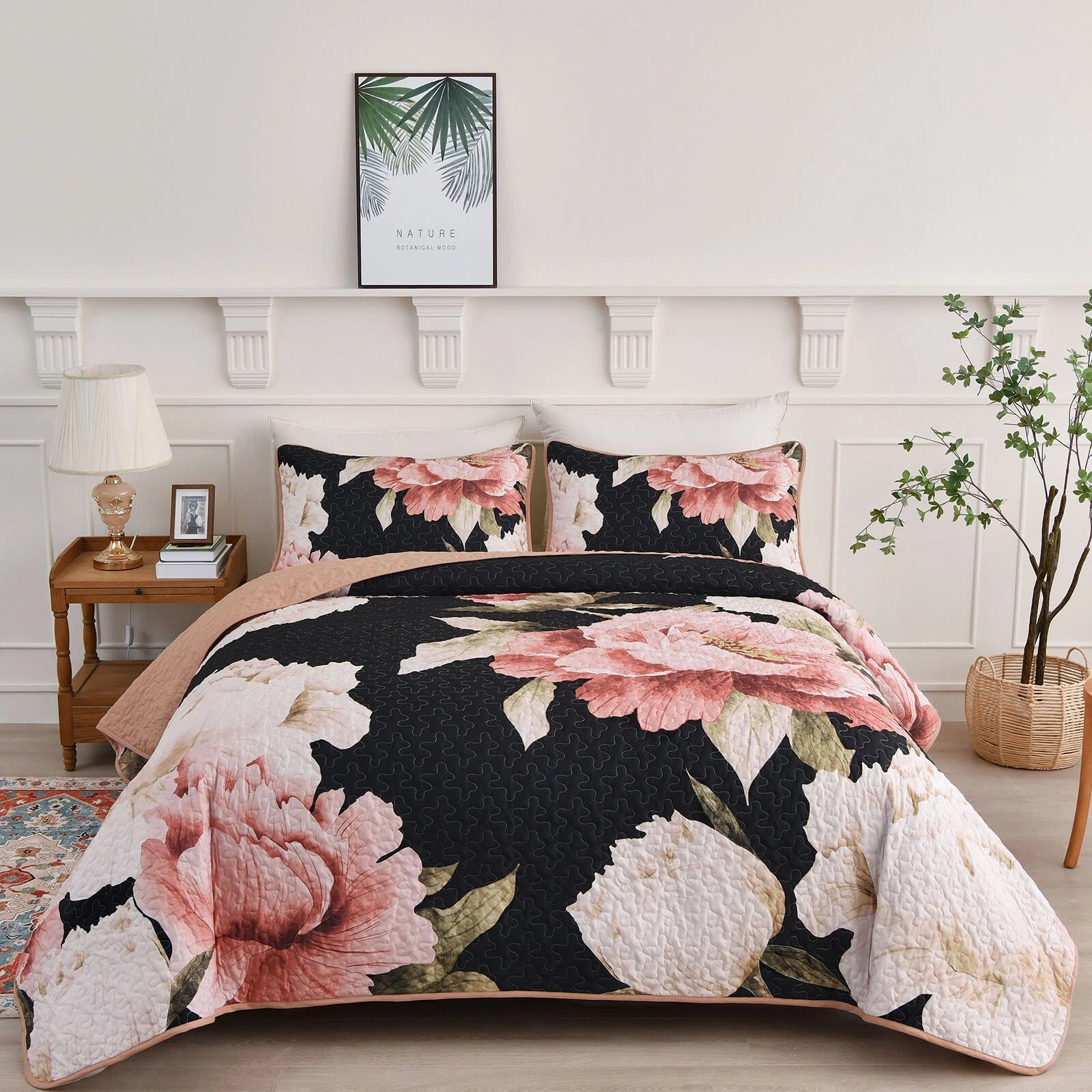 Blossom Trio Quilted Coverlet Set with Pillowcases (Black, Red & Pink