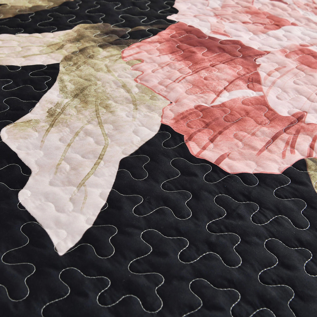 Blossom Trio Quilted Coverlet Set with Pillowcases (Black, Red & Pink