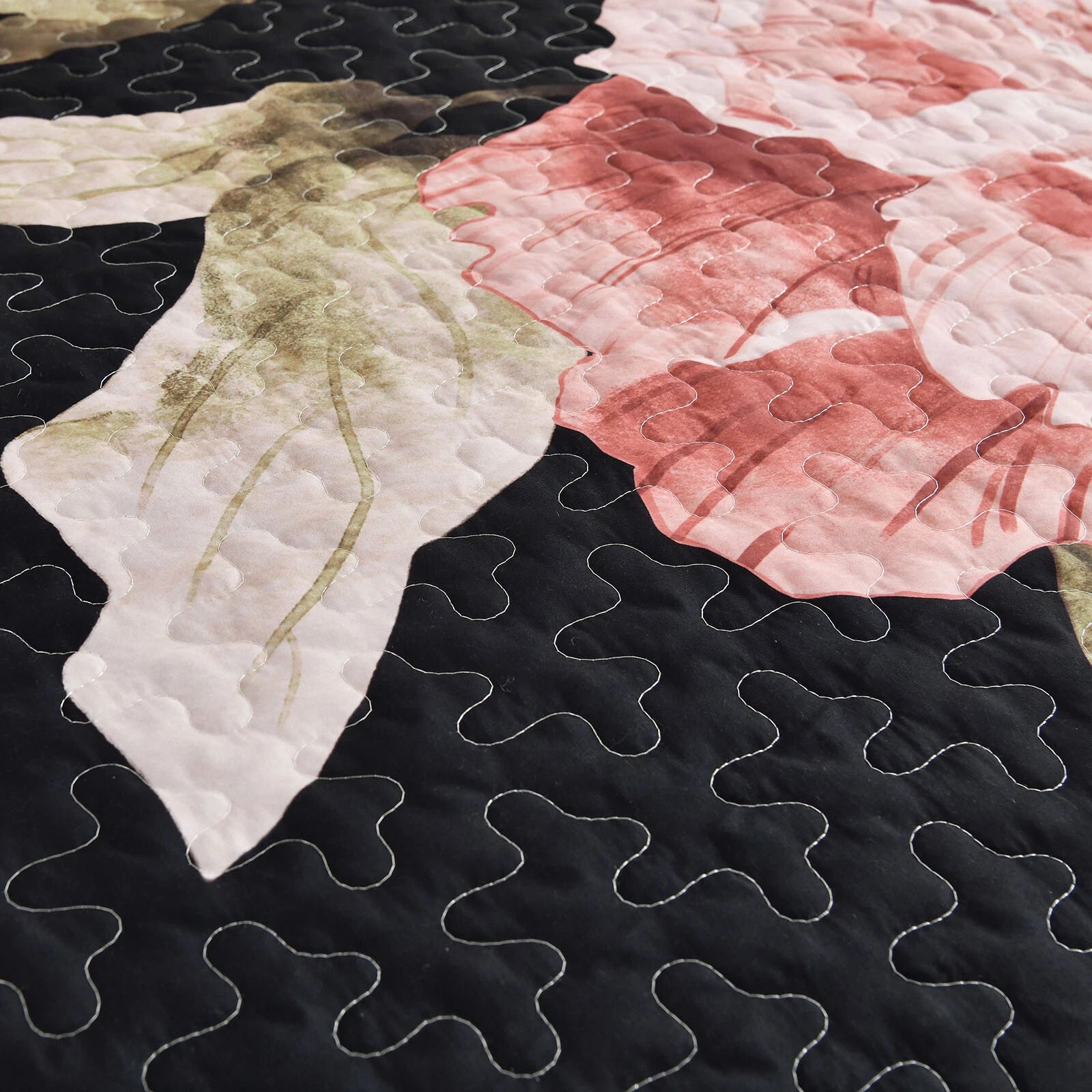 Blossom Trio Quilted Coverlet Set with Pillowcases (Black, Red & Pink