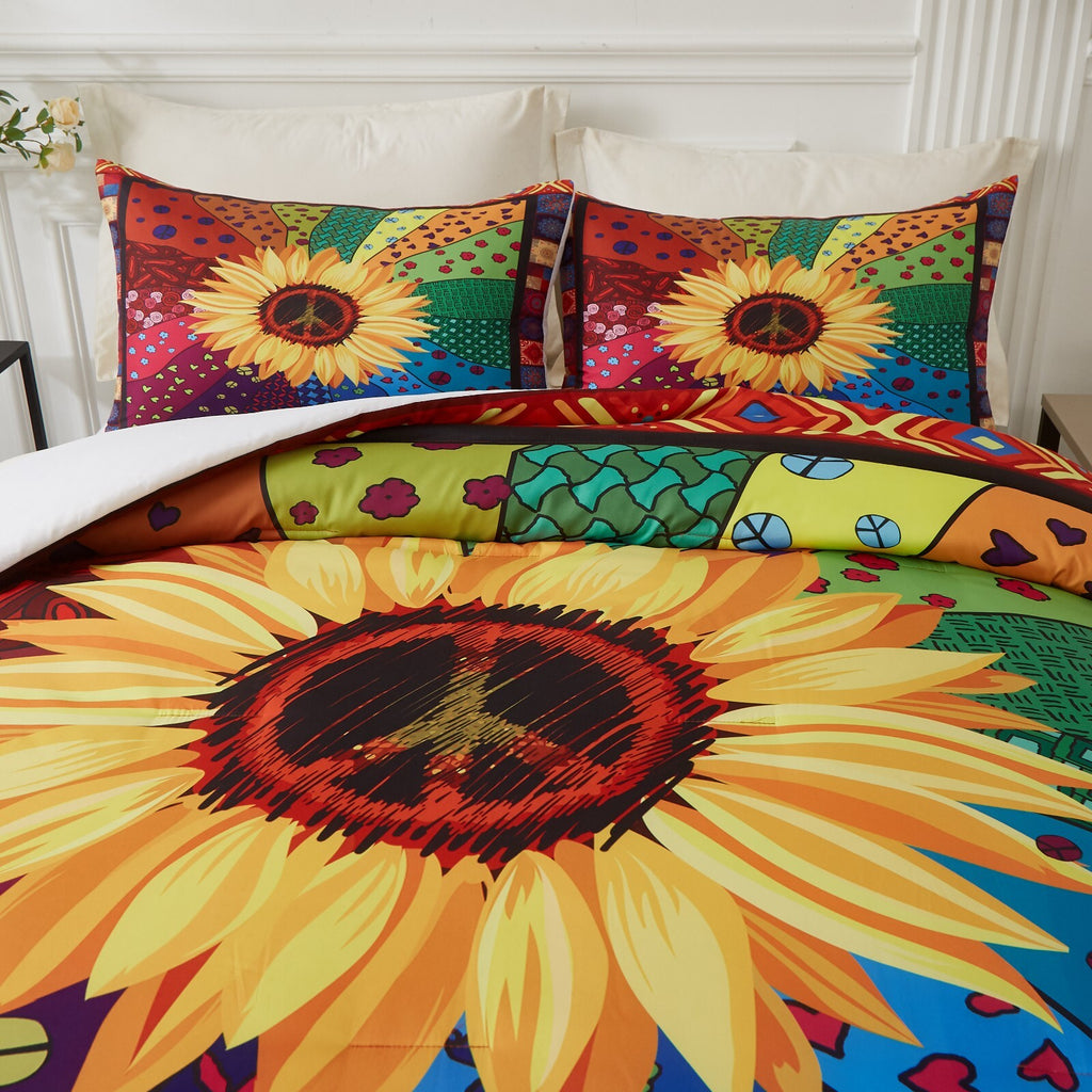 Floral Sunflower Comforter Set, Quilted Bedding with Pillowcases