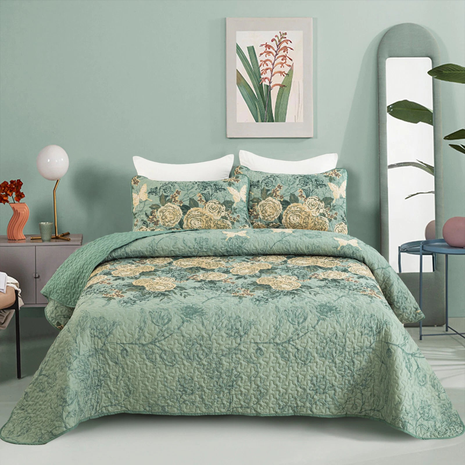 Meadow Butterfly Green Quilted Bedspread Set with Floral Details and Pillowcases