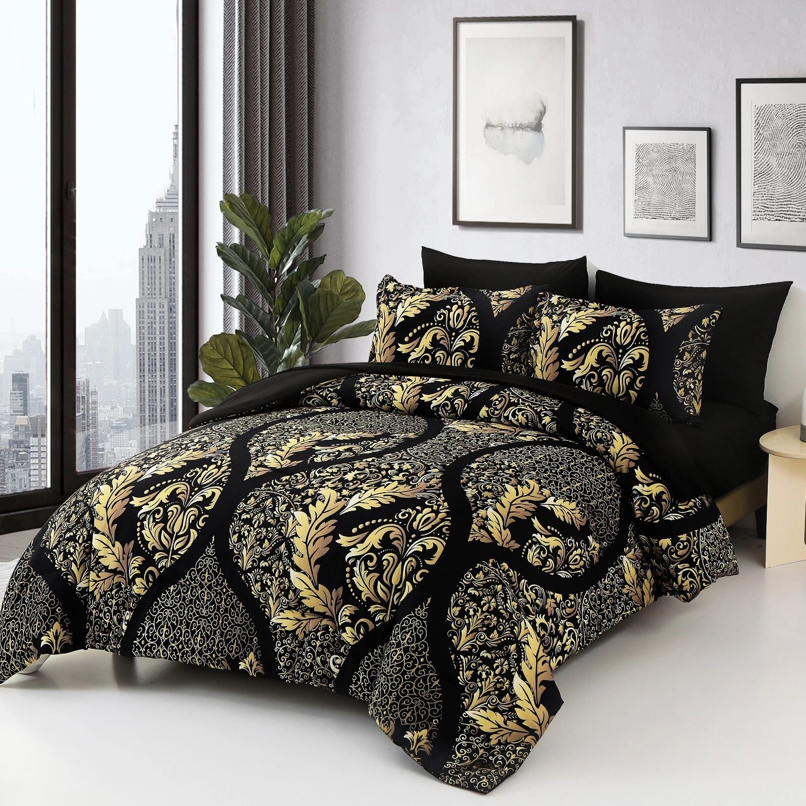 Regal Elegance Black and Gold 3 Pc Comforter & Pillow Cover Set
