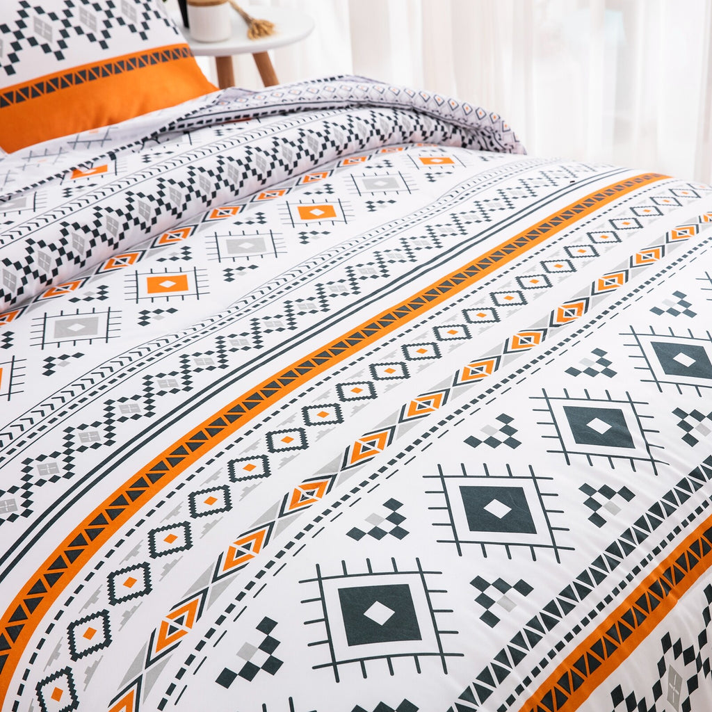 Boho Comforter Set, Reversible Orange Geometric 3-Piece Bedding Collection