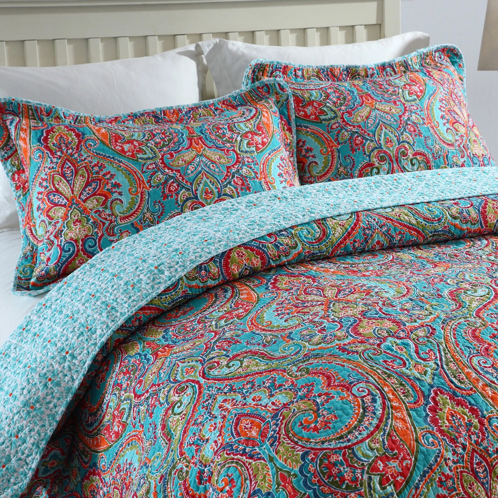Blue Teal Boho Print Bedspread Quilt Set + Pillowcases
