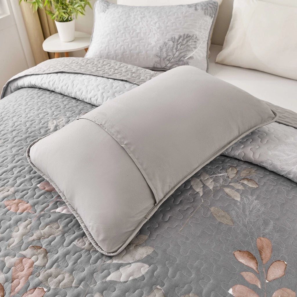 Brown Verdant Quilted Ensemble with Flower Motifs bedspread and Pillowcases