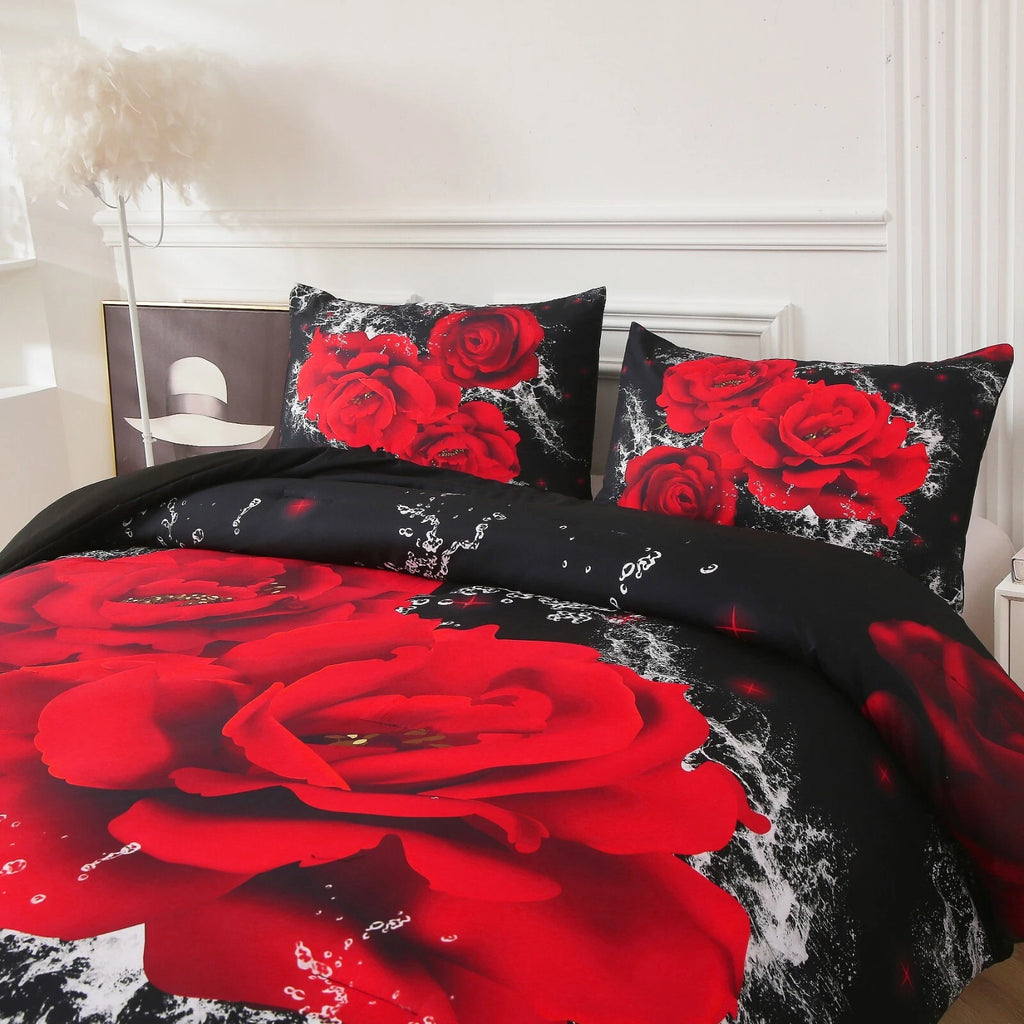 Chill Haven Red Rose 3-Piece Comforter Bundle - Relax & Recharge Style