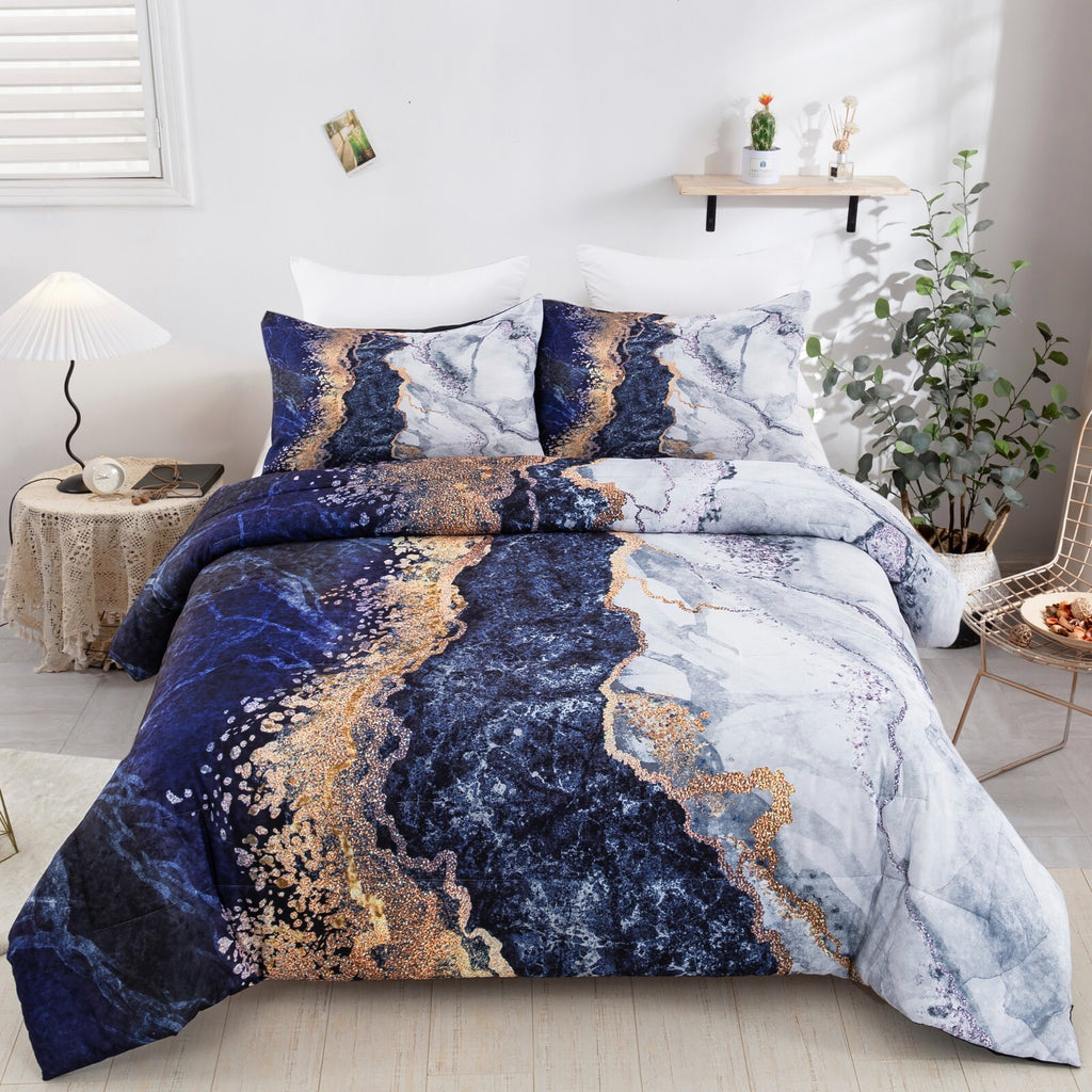 Blue Marble Comforter Set, Retro Watercolor 3-Piece Bedding Ensemble