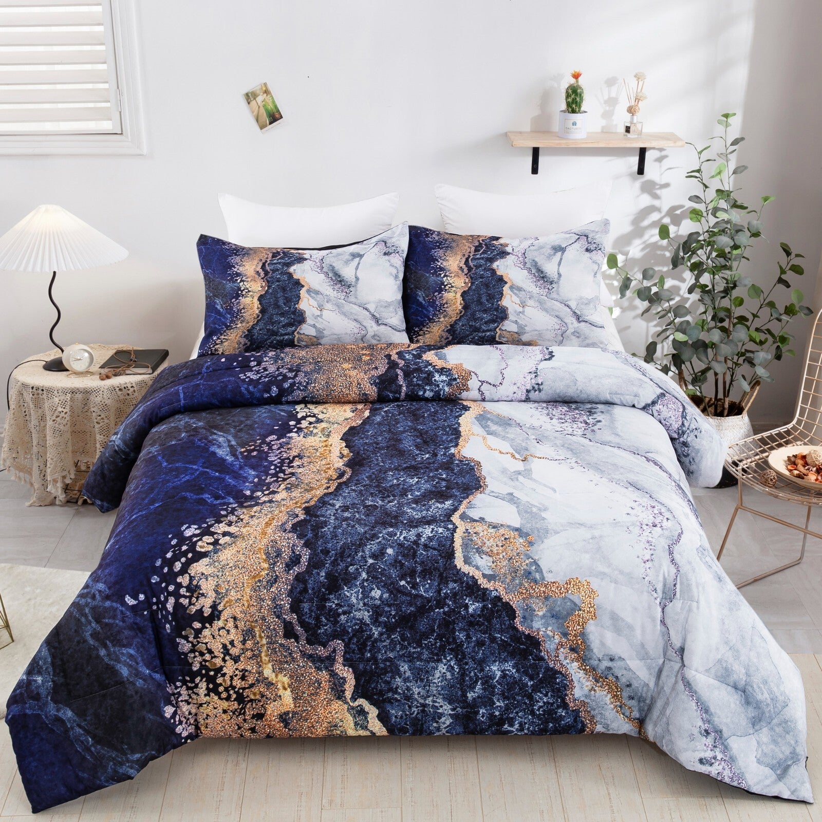 Blue Marble Comforter Set, Retro Watercolor 3-Piece Bedding Ensemble