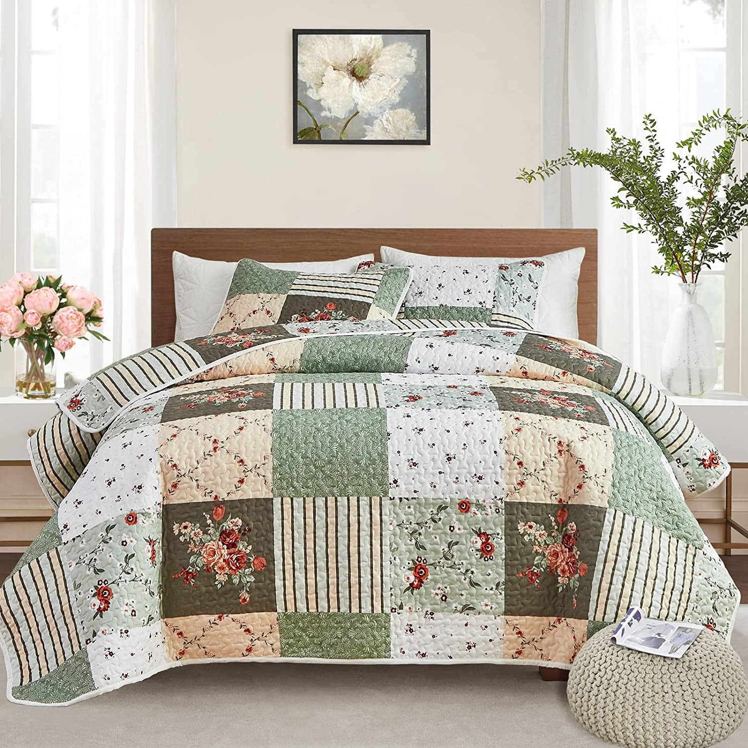 Warm Cozy patchwork greem 3 Pc Bedspread & Pillow Cover Set