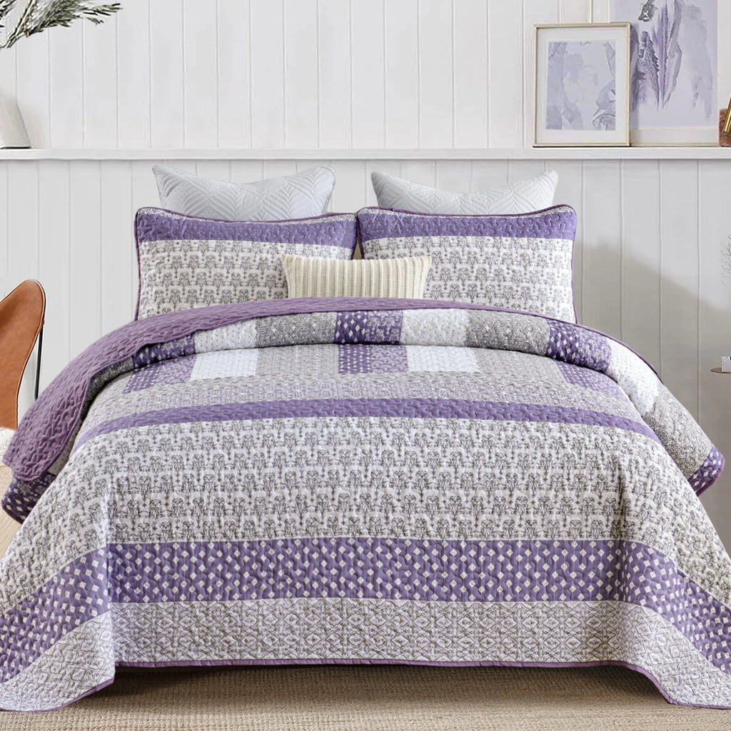 Bohemian Purple and White Quilted Bedspread or Coverlet Set and matching pillowcases