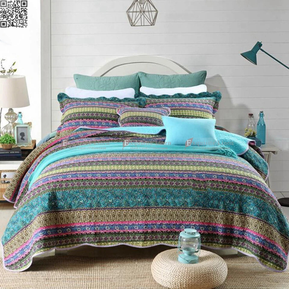 Grenn Teal Boho style Printed Bedspread Quilt Set + Pillowcases