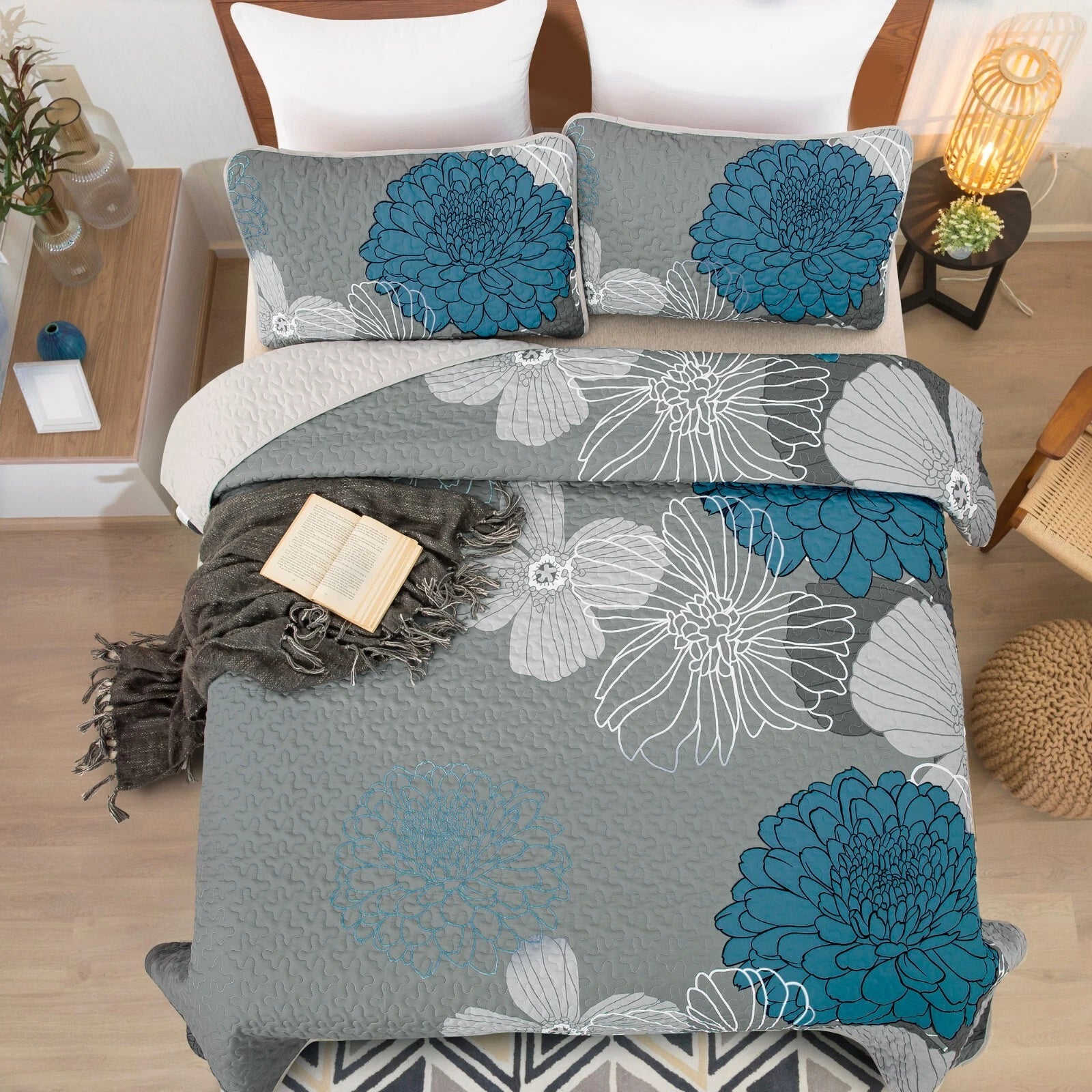 Grey Azure Bloom Quilted Coverlet Bedspread Set with Pillow Covers