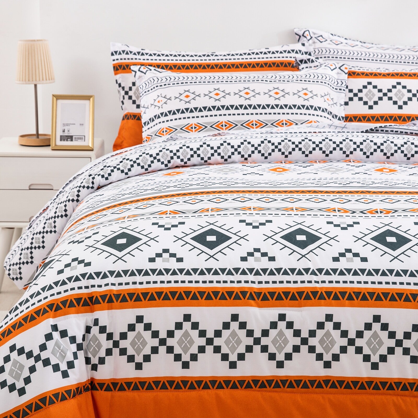Boho Comforter Set, Reversible Orange Geometric 3-Piece Bedding Collection