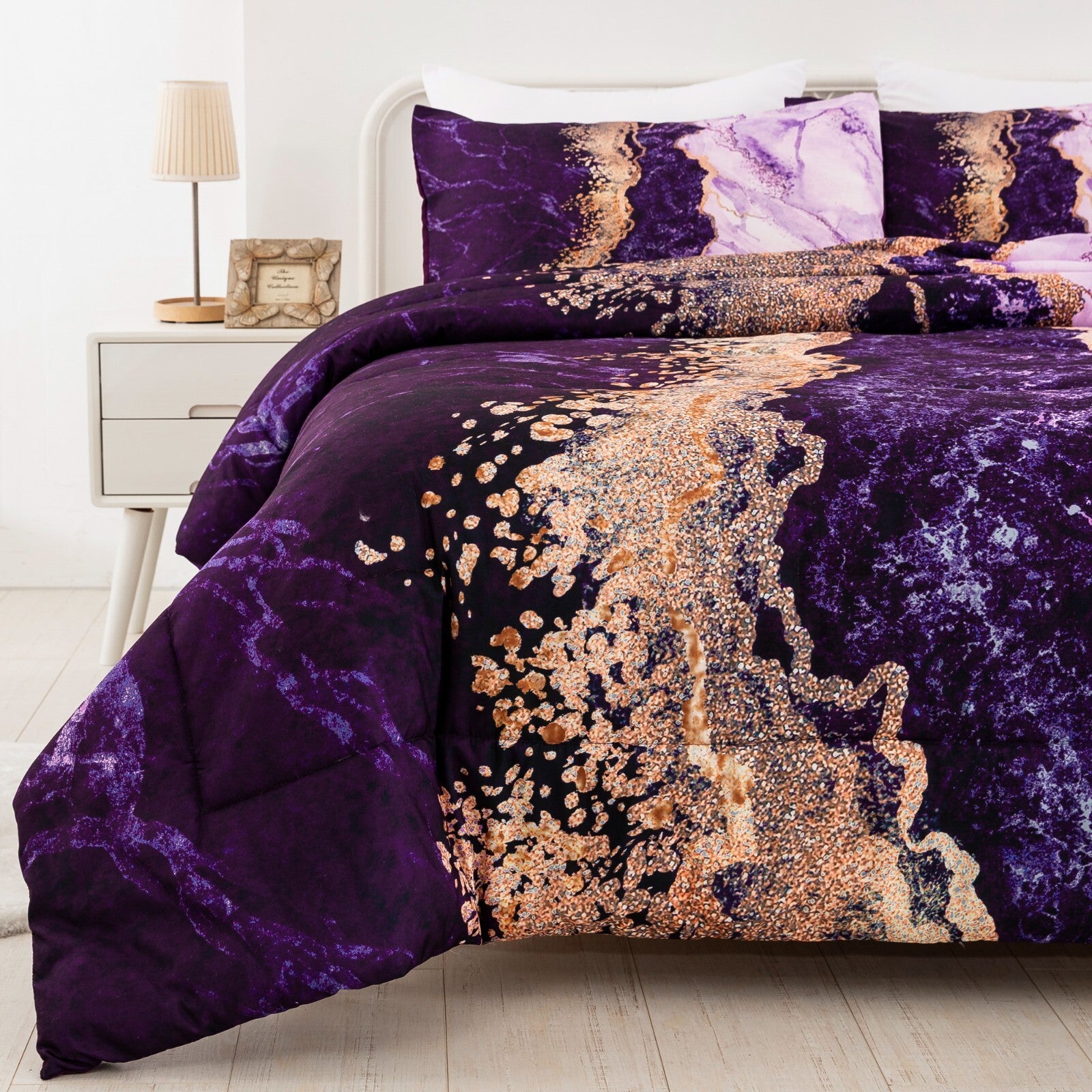Purple Marble Comforter Set, /, Retro Watercolor 3-Piece Bedding Collection