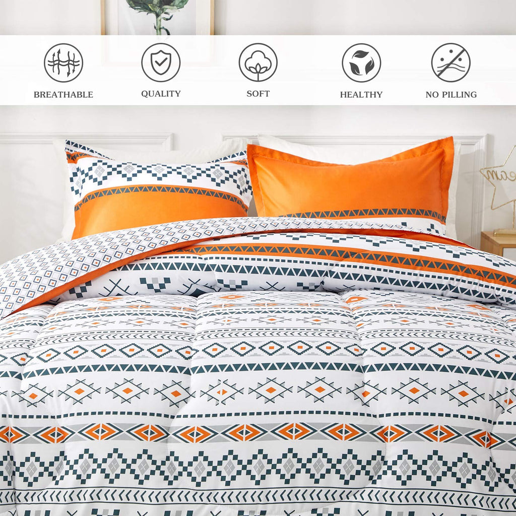 Boho Comforter Set, Reversible Orange Geometric 3-Piece Bedding Collection