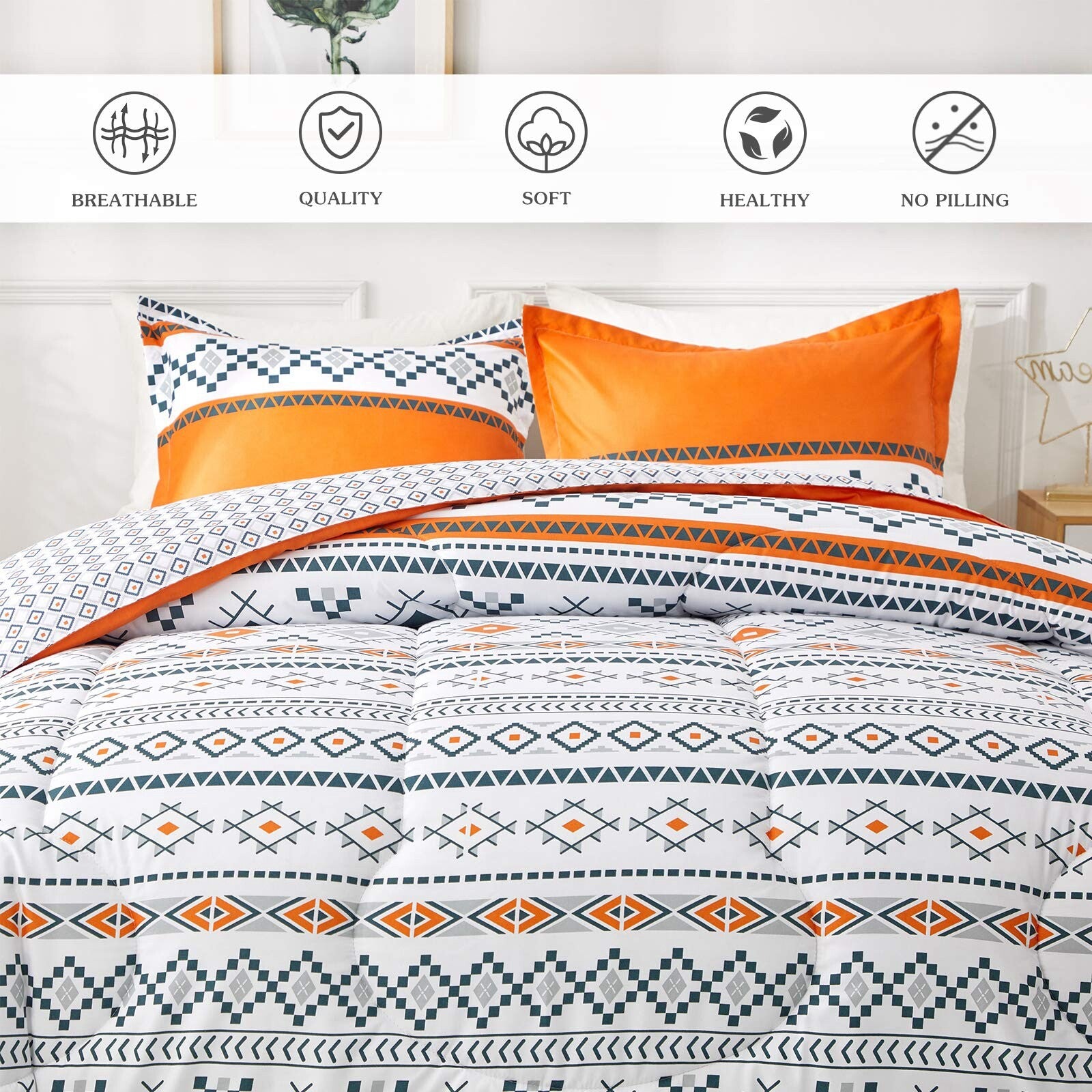Boho Comforter Set, Reversible Orange Geometric 3-Piece Bedding Collection