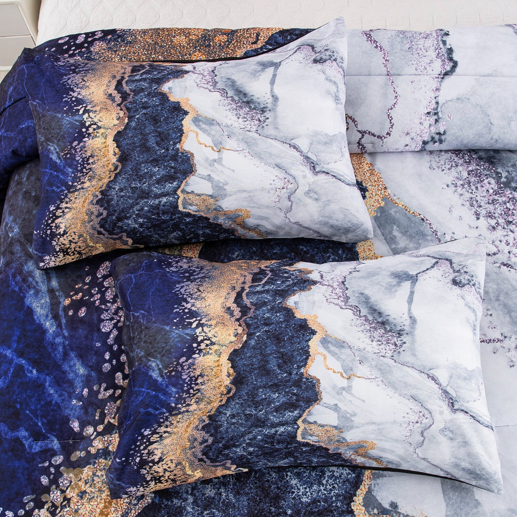 Blue Marble Comforter Set, Retro Watercolor 3-Piece Bedding Ensemble