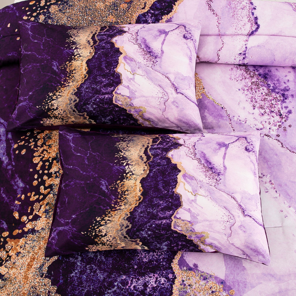 Purple Marble Comforter Set, /, Retro Watercolor 3-Piece Bedding Collection