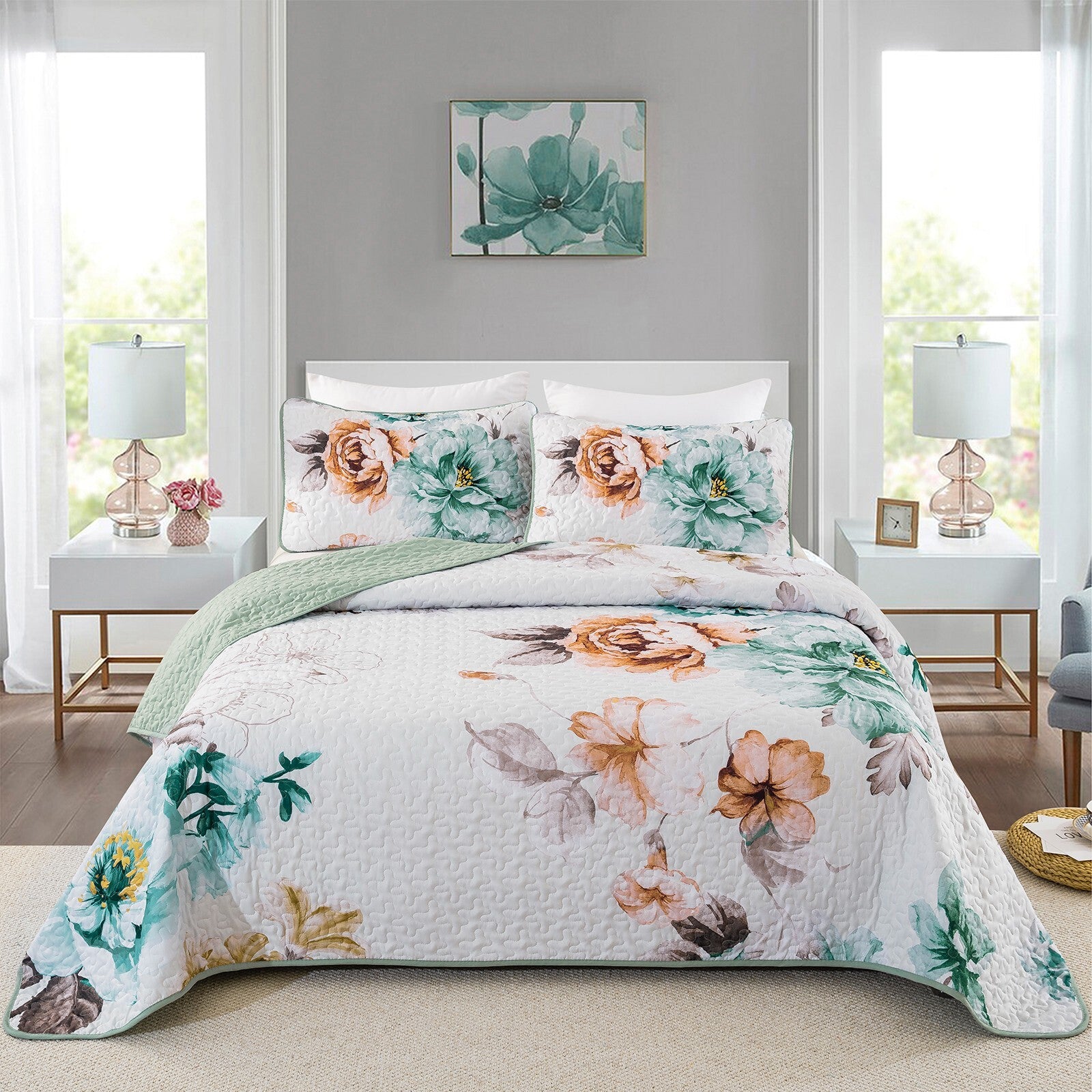 Rustic Farmhouse Chic floral Cozy 3 Pc Bedspread & Pillow Cover Set