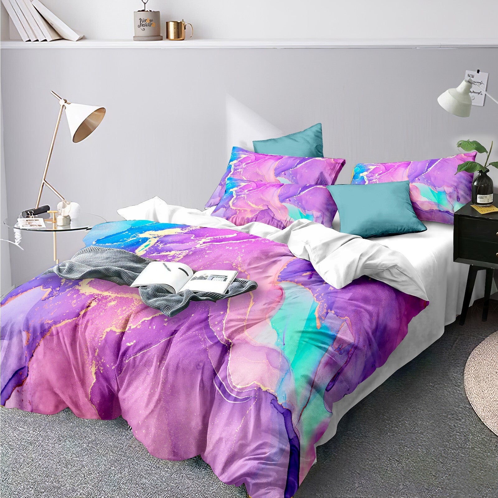 Marble Comforter Set, Warm Quilted Microfiber Bedding