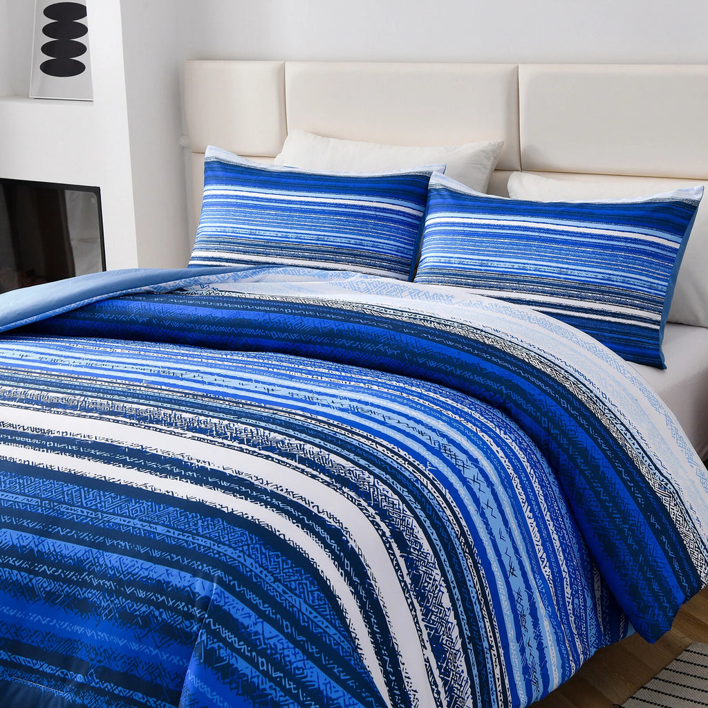 Nordic Calm stripes Blue 3-Piece Comforter Set - Scandi Chic Vibes