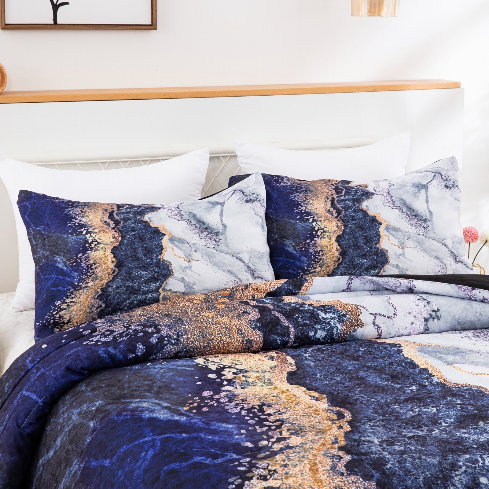 Blue Marble Comforter Set, Retro Watercolor 3-Piece Bedding Ensemble