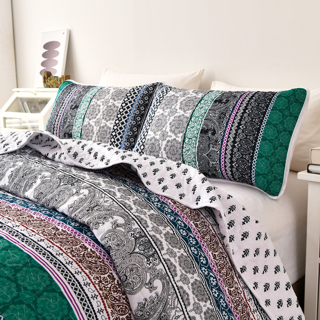 Romantic Blush green grey 3 Pc Bedspread & Pillow Cover Set