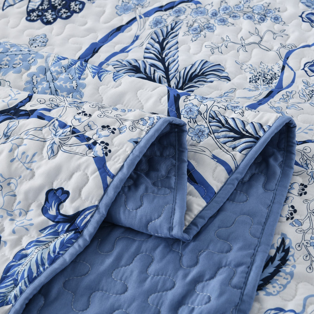 Blossoming Peony Garden blue white 3 Pc Bedspread & Pillow Cover Set