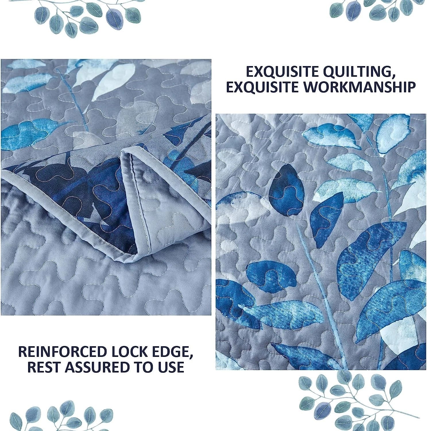 Blue Garden Coverlet Set with Quilted Floral Pattern and Pillowcases