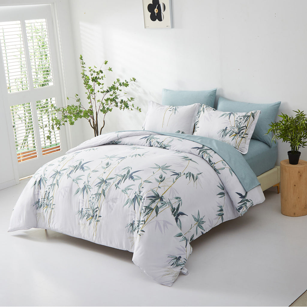 Floral Leaves Comforter Set, Quilted Bedding with Pillowcases