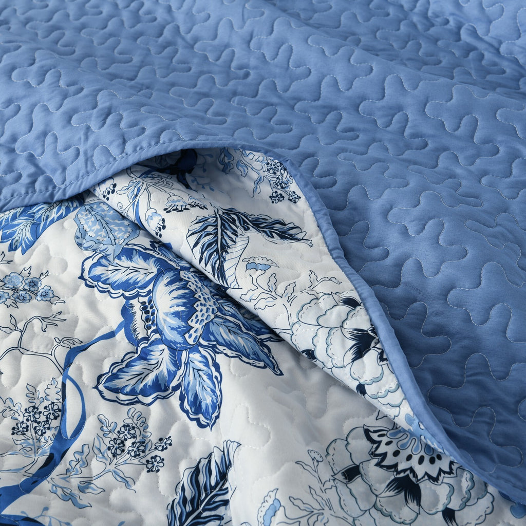 Blossoming Peony Garden blue white 3 Pc Bedspread & Pillow Cover Set