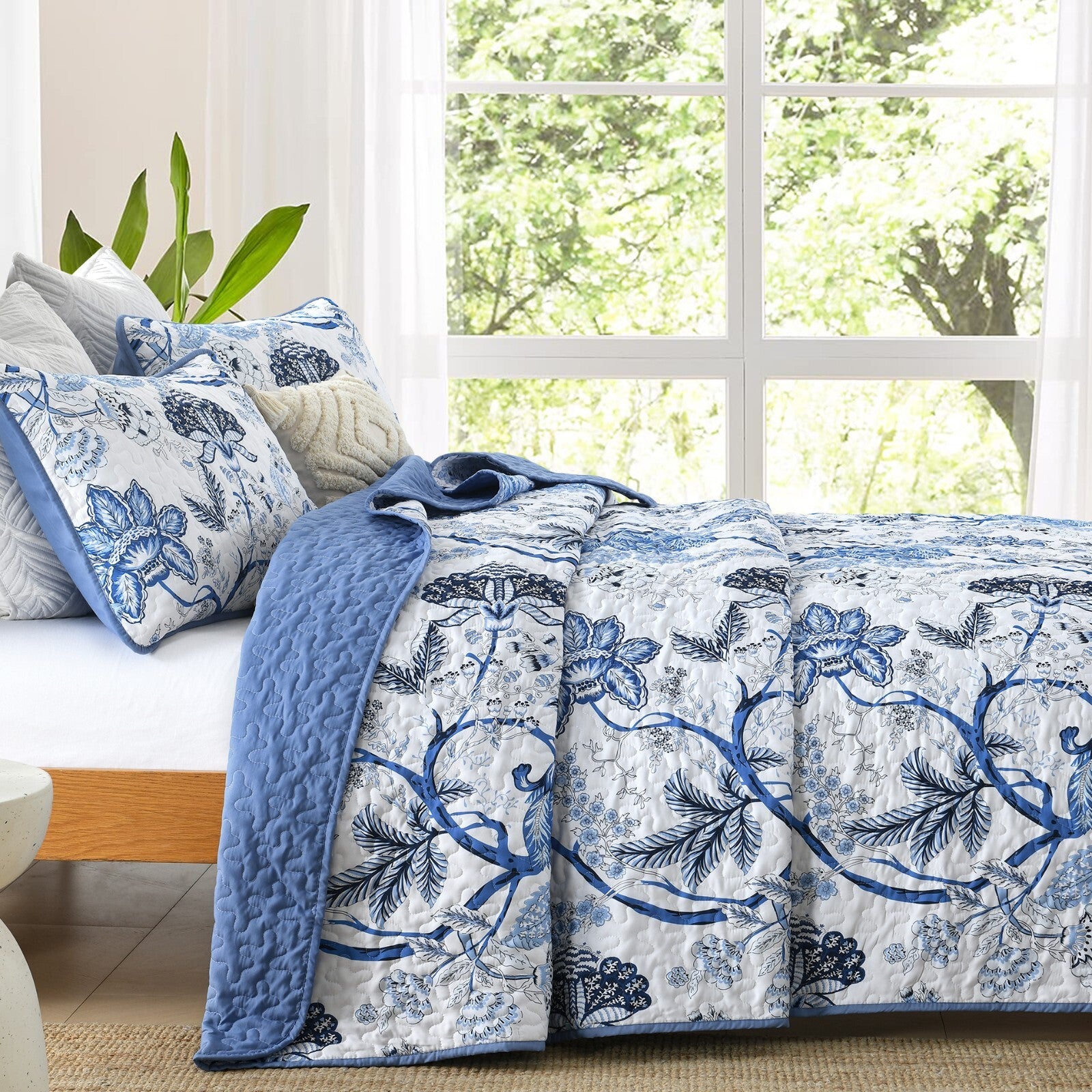 Blossoming Peony Garden blue white 3 Pc Bedspread & Pillow Cover Set