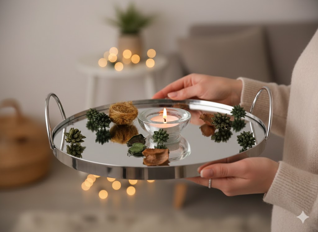 Elegant 25 cm Silver Mirrored Decorative Tray